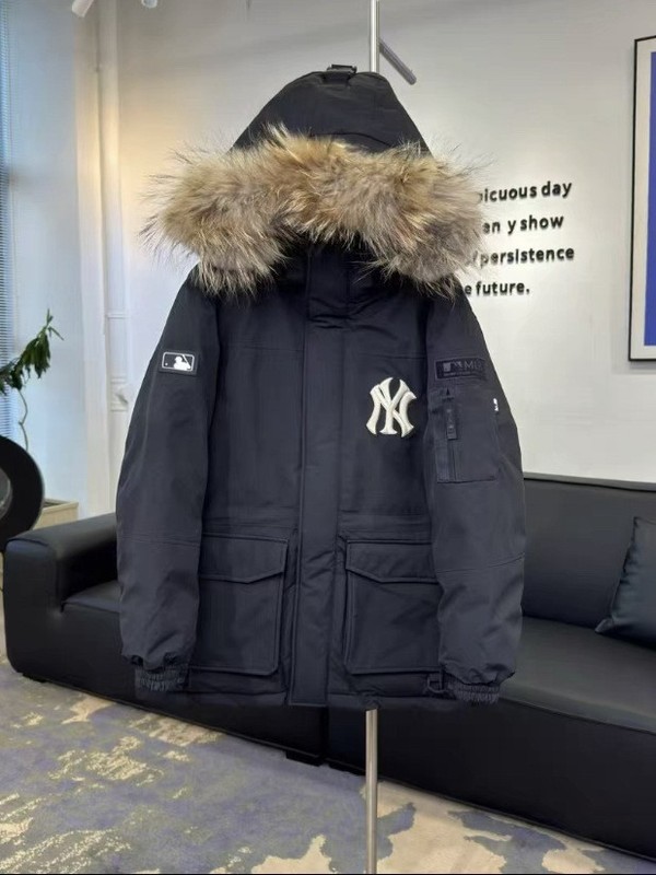 高級MLB男女兼用カジュアル多用途フード付き冬用ダウンジャケット、大きなファー襟付きカップル向けミドル丈厚手|undefined