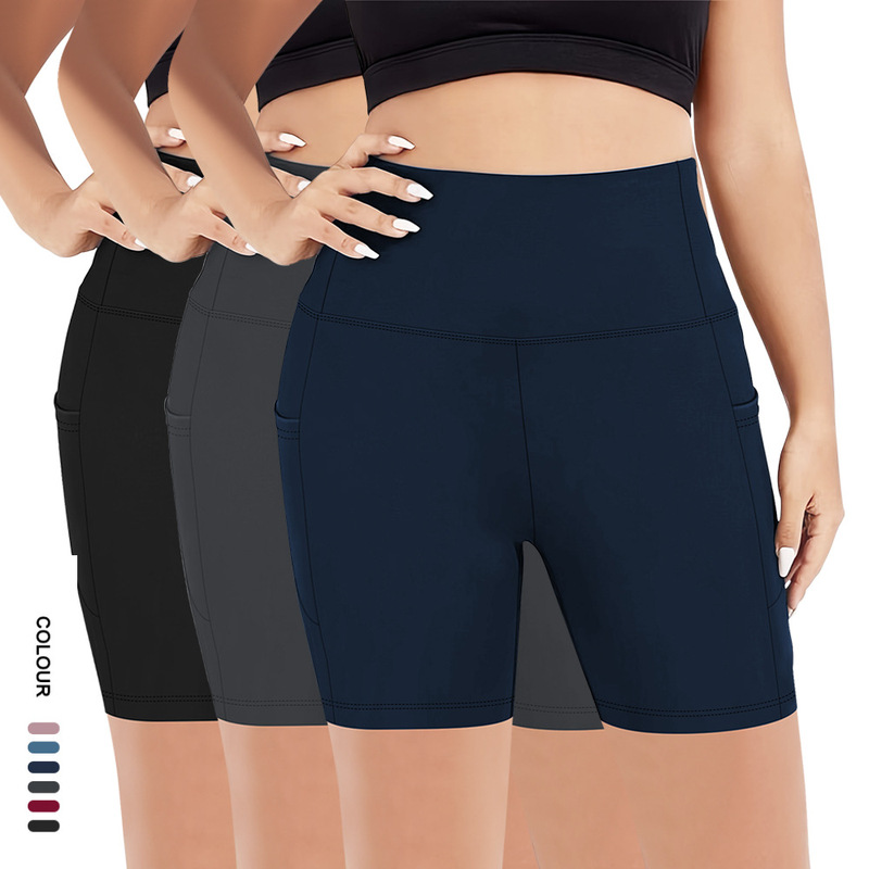 Cross-border European and American Yoga Pants Women's Fitness Pocket High Waist Hip Lifting Summer Tight Pants Running Sports Shorts in stock
