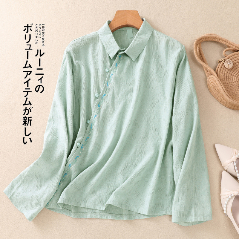 实拍2025年秋季新款中国风刺绣禅意宽松长袖衬衫女茶服上衣#9083