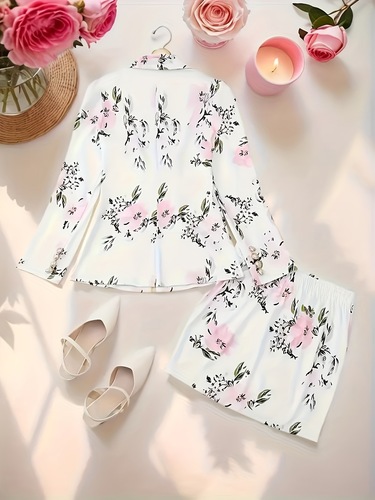 Two-Piece Suit Set Elegant Double Breasted Floral Print Cross-Border