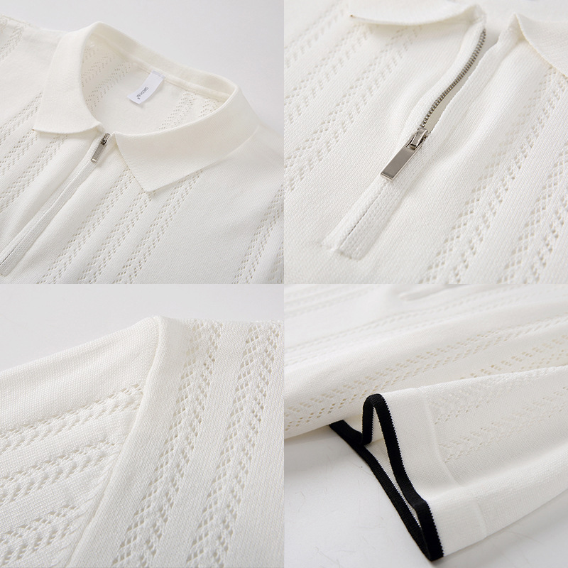 Polo camiseta de punto camiseta de manga corta hombre solapa medio cremallera hueso de pez hueco camiseta de hielo de verano fábrica transfronteriza al por mayor image 4