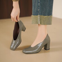 法式新款牛皮方头高跟单鞋女2025秋配裙子通勤气质粗跟浅口小皮鞋