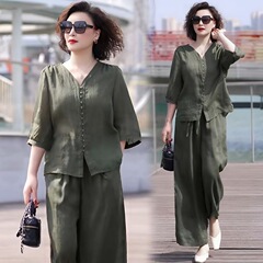 テンセルリネンスーツ2025夏新作中年ママ服ゆったりおしゃれお腹カバートップスワイドパンツ2点セット