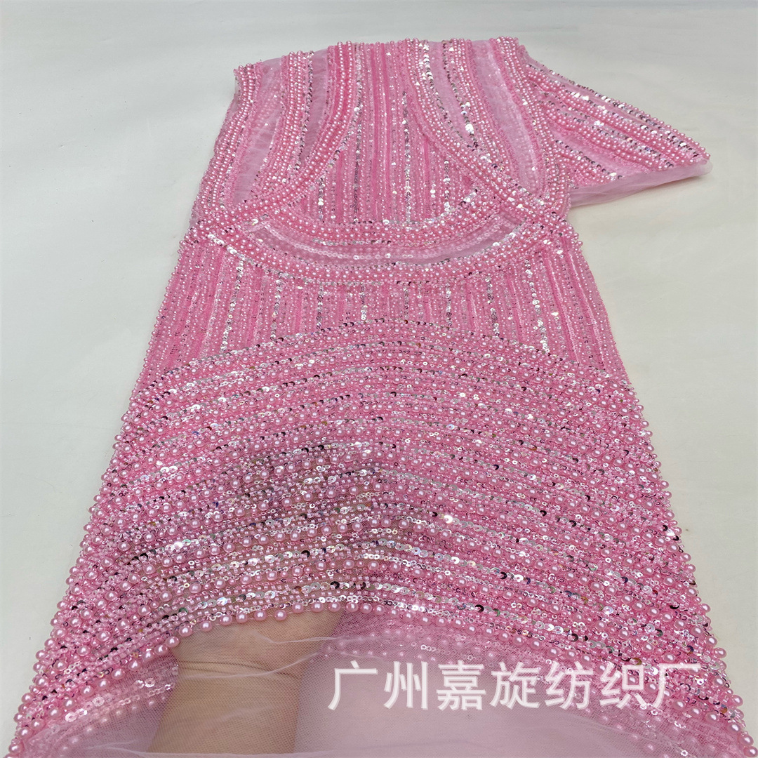 Tela de encaje africana de alta gama con cuentas pesadas, lentejuelas de cristal y bordados para vestido de novia, tela de moda. image 4