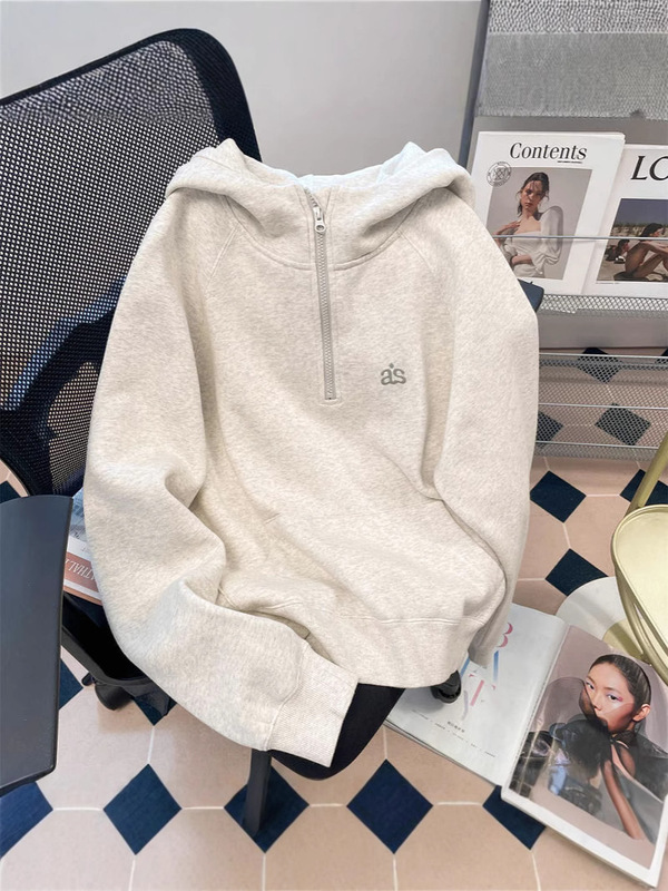 韓国ニッチヴィンテージハーフジップフード付きスウェットシャツ男性と女性のための冬のベルベットシンプルカジュアルカップルトップ|undefined
