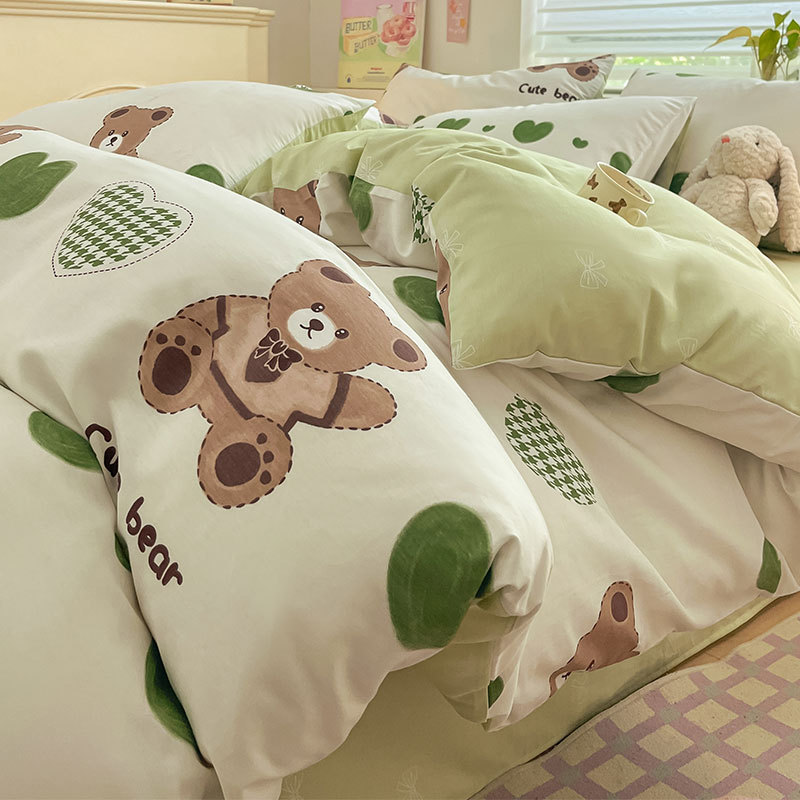 Juego de cuatro piezas de algodón fresco, juego de tres piezas de algodón, funda de edredón gruesa para el hogar, sábana de dormitorio, lijado, cama individual para estudiantes