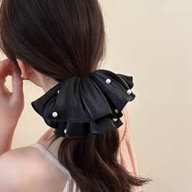 2025春季新款高级感流光丝滑锻面褶皱珍珠大肠发圈高端大号发饰女