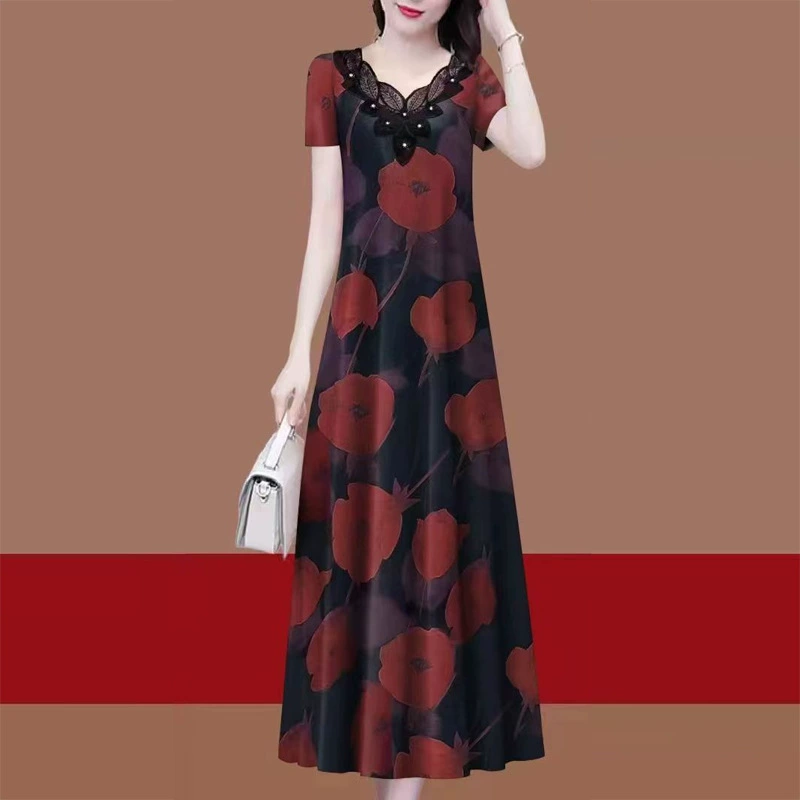 Ледяной шелк резьба мама средних лет мода новый темперамент талия летом корейская версия длинное платье с короткими рукавами женский