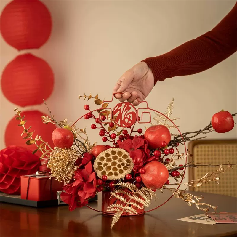 2025春节仿真花年宵花铁艺福桶摆件过年蛇年装饰乔迁新居花束摆设