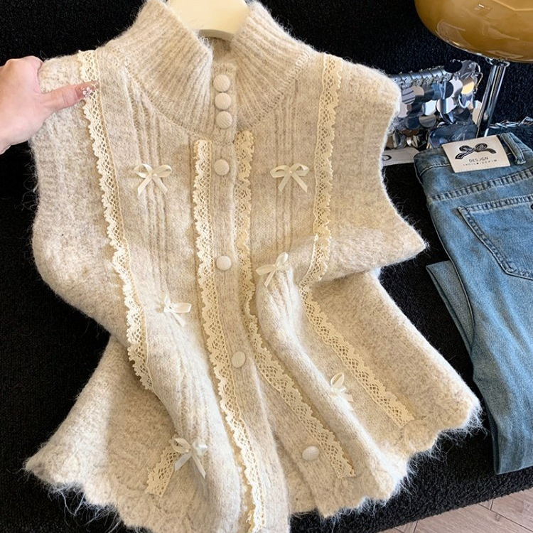 2026 Spring New Style Lace-Trimmed Bow-Knot Buttoned Knitted Cardigan for Women, New Autumn and Winter Style Gentle Style Layered Top