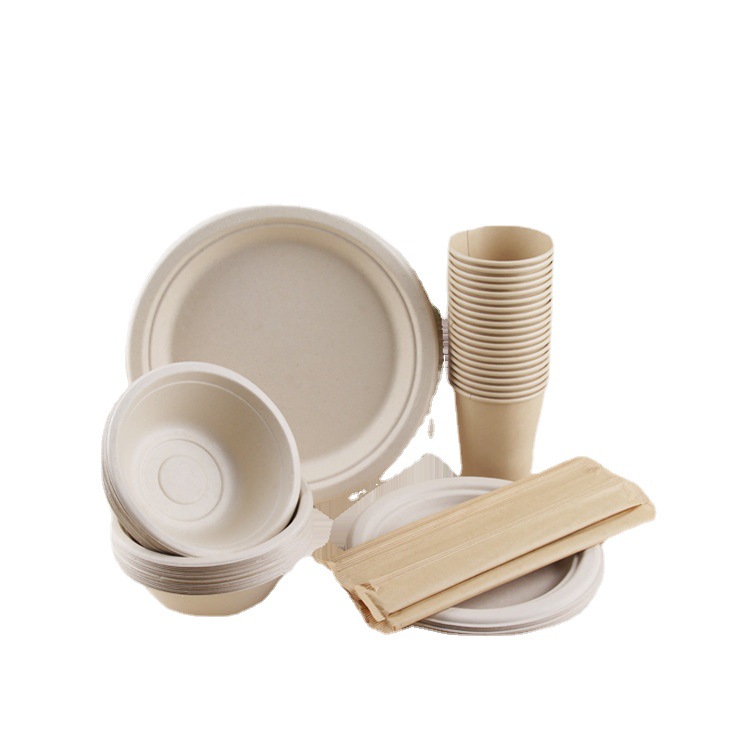 Cuencos desechables y palillos traje 5-Persona placa tazón taza palillos vajilla picnic camping degradable pulpa partido placa