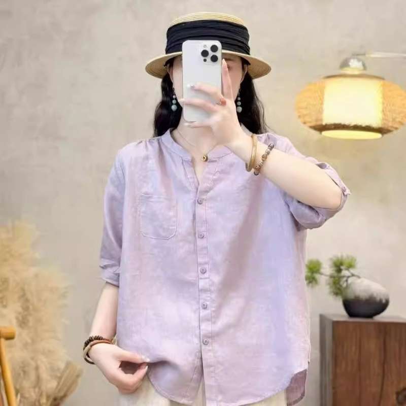 Cotton and Linen Mid-Sleeve Solid Color Shirt for Women, Single-Breasted, Slimming, Elegant Blouse, New Summer Style, Loose and Versatile Cardigan for Women Cotton and Linen Mid-Sleeve Solid Color Shirt for Women, Single-Breasted, Slimming, Elegant Blouse, New Summer Style, Loose and Versatile Cardigan for Women
