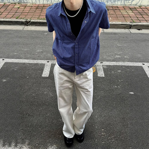 Royal Blue Striped Short-Sleeve Shirt for Men - Summer High-End Rope Drawstring Plaid Blazer - Old Money Style Half-Sleeve Outerwear