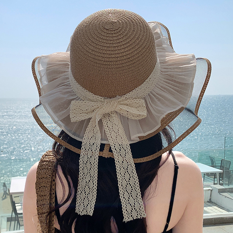 Sombrero de paja con lazo – estilo veraniego, ala ancha, para playa o vacaciones al aire libre