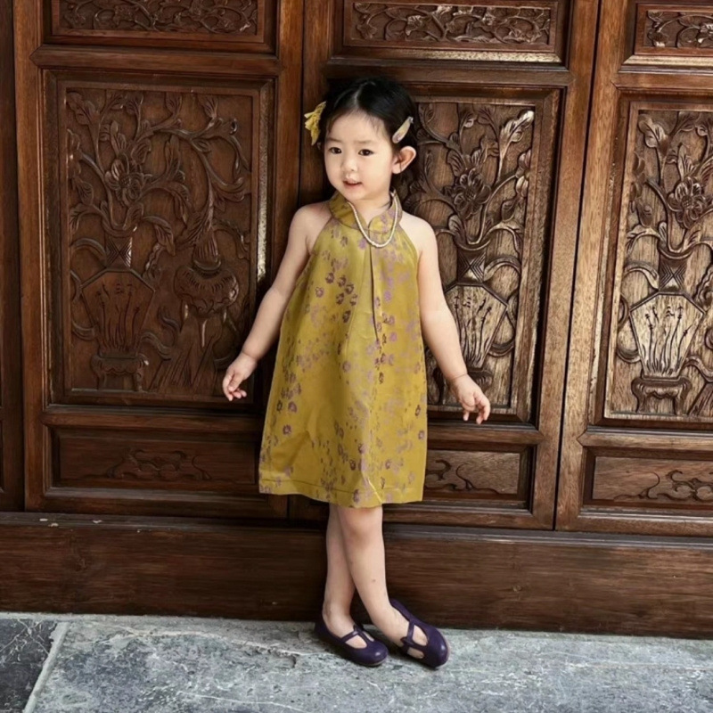 子供服女の子チャイナドレス 2025 新しい夏の薄いドレス子供の新しい中国風のレトロな黄色のベストドレス|undefined