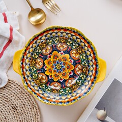 黄金時代 - 9inch 耳付きレーススープボウル、下絵付けカラー、宮殿スタイル、高価値セラミック、日常家庭用食器