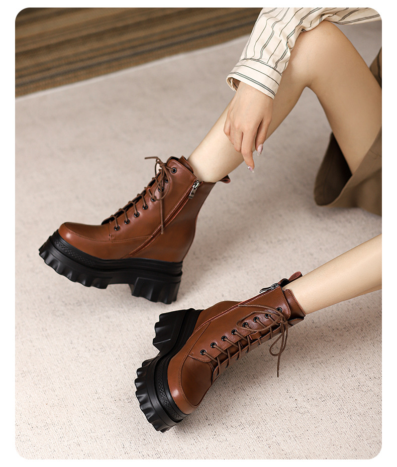 Boot nữ đế tăng chiều cao 10cm dây buộc mùa thu đông — Lớp lót nhung đen, Lớp lót đơn màu nâu sẫm, Lớp lót đơn màu đen, Lớp lót nhung màu nâu sẫm chi tiết 9