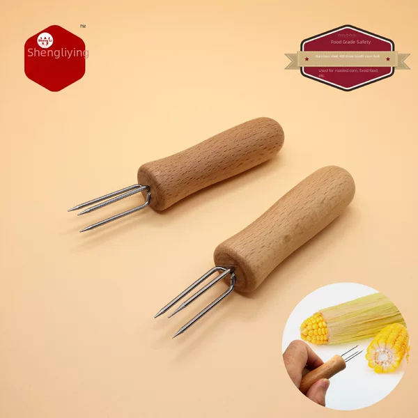 Moxa Stick Extender, Three-Pronged Wooden Handle Moxa Stick Fork, Corn and Eggplant Barbecue Fork, 430 Stainless Steel Fork
