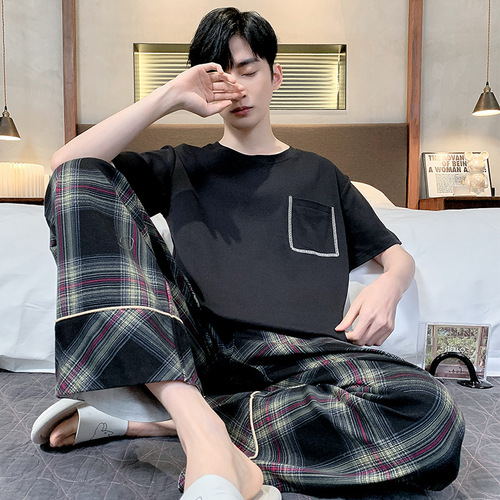 Men's Summer Short Sleeve Long Pants Simple Home Clothes Thin Cotton Men's Plus Size Youth Student Casual Pajamas
