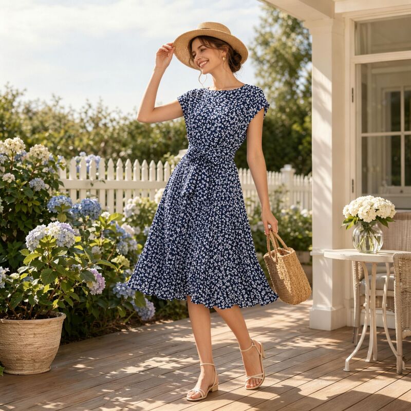 Polka Dot Short-Sleeved Dress, Slimming Waist-Cinching Women's Summer Floral Tie Dress, Round Neck, Pastoral Fresh Pleated Skirt, Foreign Trade