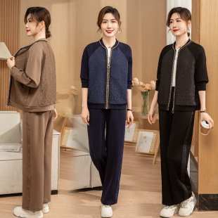 Middle-Aged and Elderly Mother's Two-Piece Suit, Elegant Baseball Uniform, Spring New Style, Zipper Long-Sleeved Cardigan, Pants, Women's Clothing