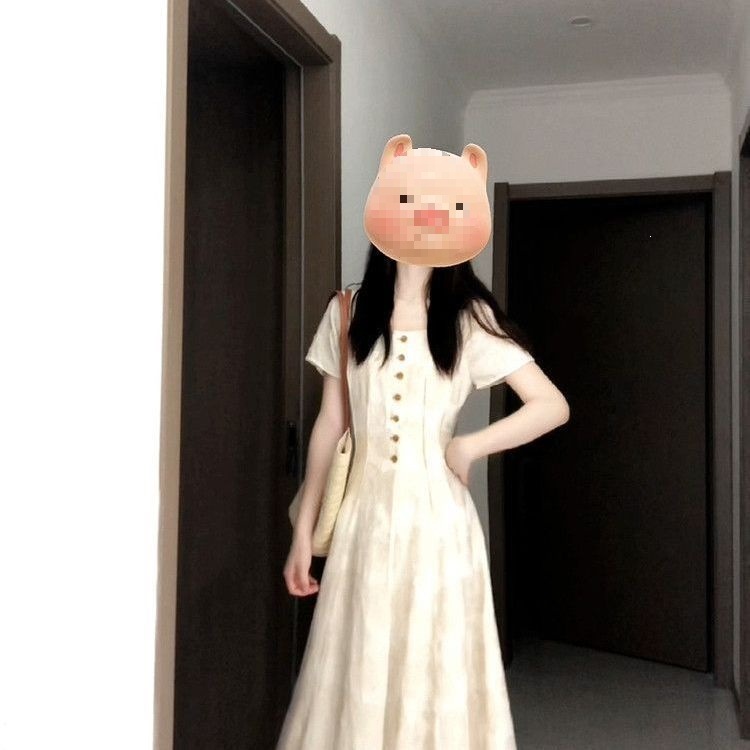 Đầm suông midi cổ vuông họa tiết hoa nhí phong cách Pháp, tay ngắn, thắt eo tạo dáng thon gọn — màu mơ chi tiết 1