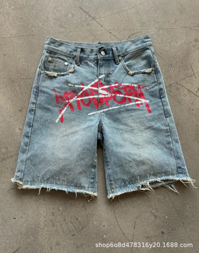 Hellstar Denim Shorts Loose Graphic Washed Blue