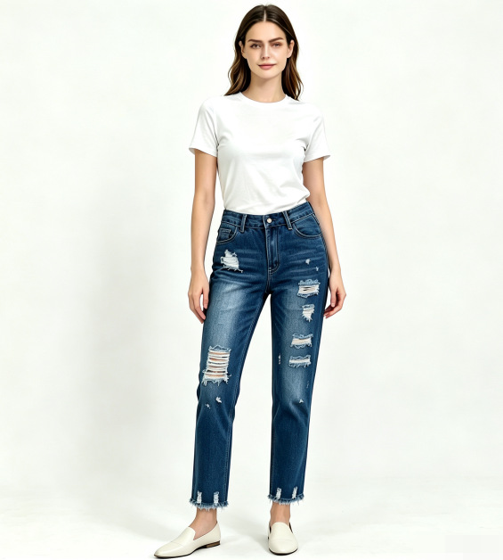 Jeans Rectos con Rasgados para Mujer de Mezclilla de Algodón con Cintura Alta