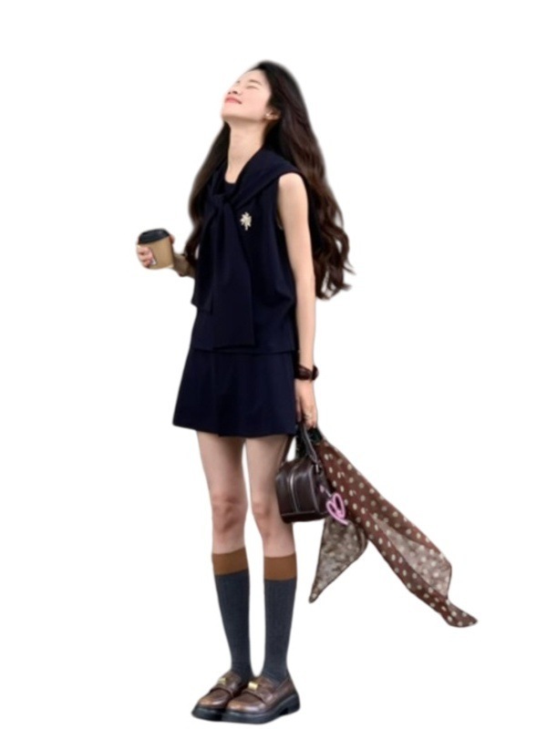 ショールノースリーブウエストAラインショートスカート女性用2025新しい夏服見栄えの良いスカートスーツ|undefined