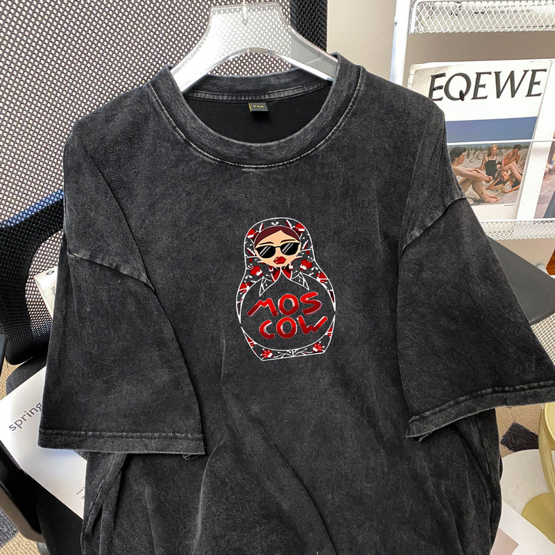 Sunglasses Matryoshka Doll Washed Distressed Short-Sleeved T-Shirt for Men and Women Couple Wear Summer Loose Cartoon Print Mid-Length Top