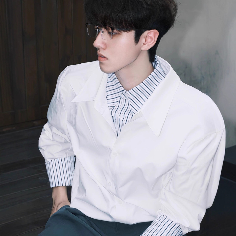 Korean Retro Niche Light Luxury High-End Striped Patchwork Color-Blocking Design Men's Trendy Loose Casual Shirt