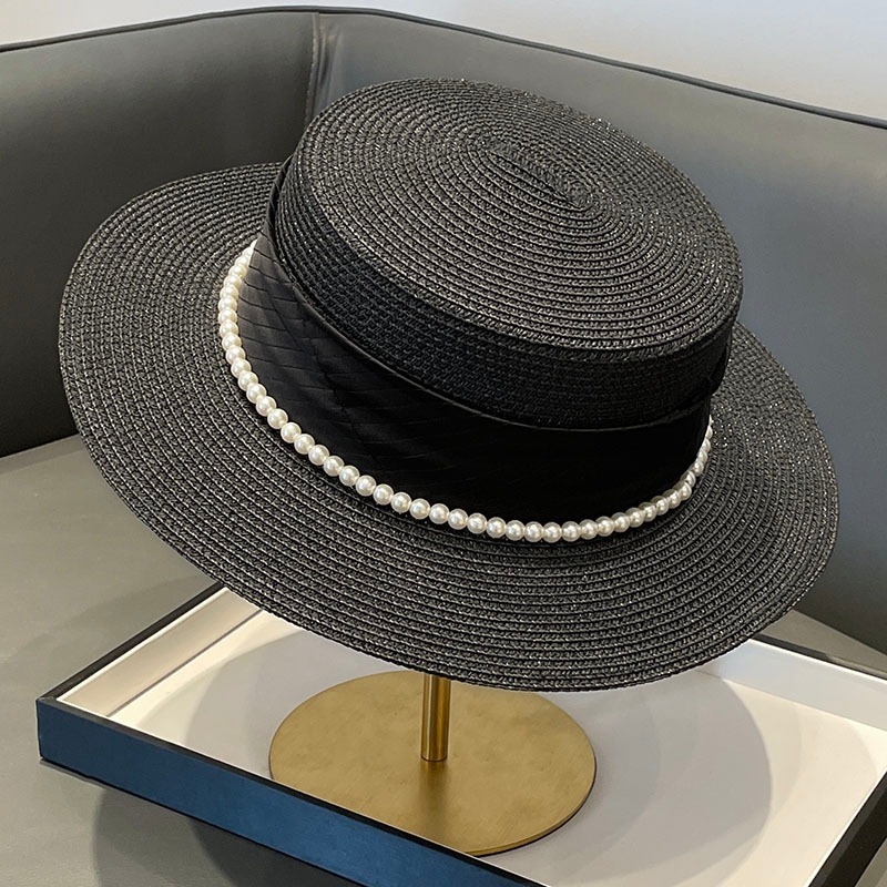 Women's Gender Pearl, Straps Design Women's Simple Style Solid Color Pearl Straps Flat Eaves Fedora Hat