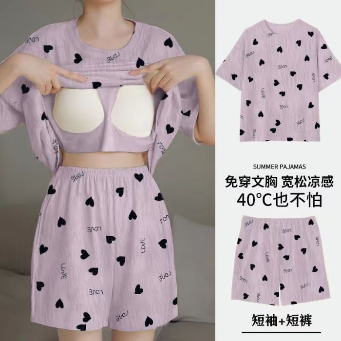 Pijamas al por mayor transfronterizos para mujer verano con almohadilla fija para el pecho casual de dibujos animados lindos pantalones cortos de manga corta ropa a domicilio de dos piezas