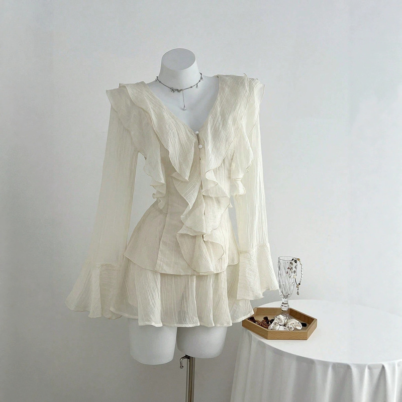 E1-In Stock-95129 # Stylish and Unique Ruffled Women's Summer Chiffon Shirt and Short Skirt Set. E1-In Stock-95129 # Stylish and Unique Ruffled Women's Summer Chiffon Shirt and Short Skirt Set.