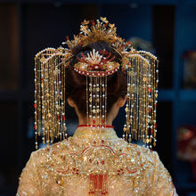 中式新娘頭飾古典氣質流蘇鳳冠蜻蜓紅色精致古裝秀禾服發飾品套裝