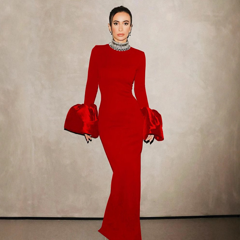 Europe and the United States cross-border autumn and winter dress horn long sleeve bandage dress Amazon explosion red slim evening dress