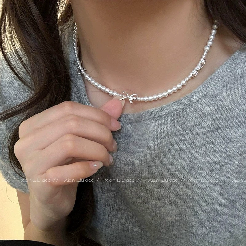 Серебряное ожерелье с бантами из жемчуга, аксессуар, чокер, стиль лёгкой роскоши, стиль высокого качества