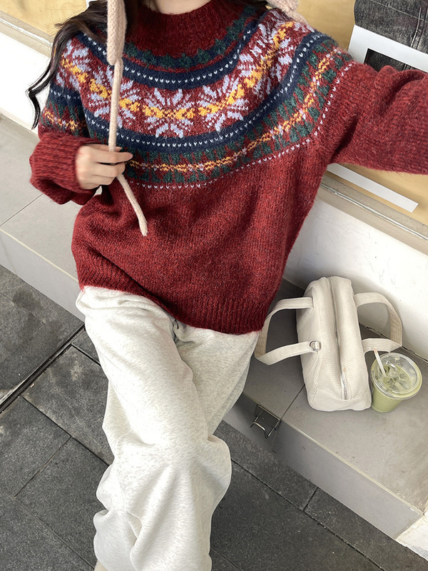 美式复古费尔岛温柔风提花套头毛衣女秋冬新款宽松软糯针织衫上衣|undefined