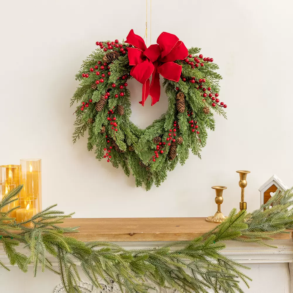 美美 跨境新品Temu圣诞节50CM花环浆果蝴蝶结前门门挂家居装饰品