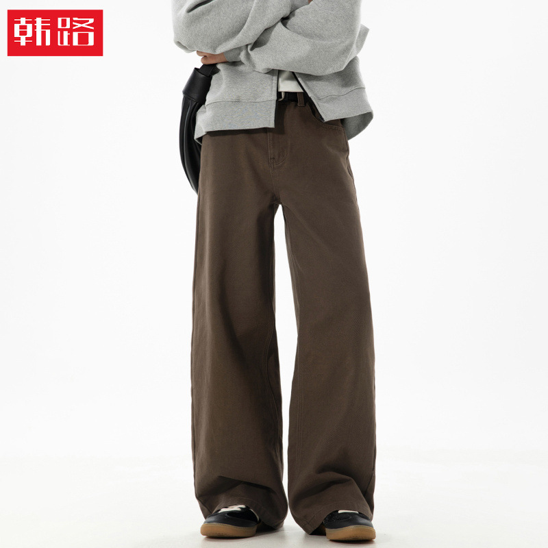 Men's Autumn New Style Twill Loose Straight Casual Pants, Textured Pure Cotton, Semi-Elastic, Trendy Retro Long Pants