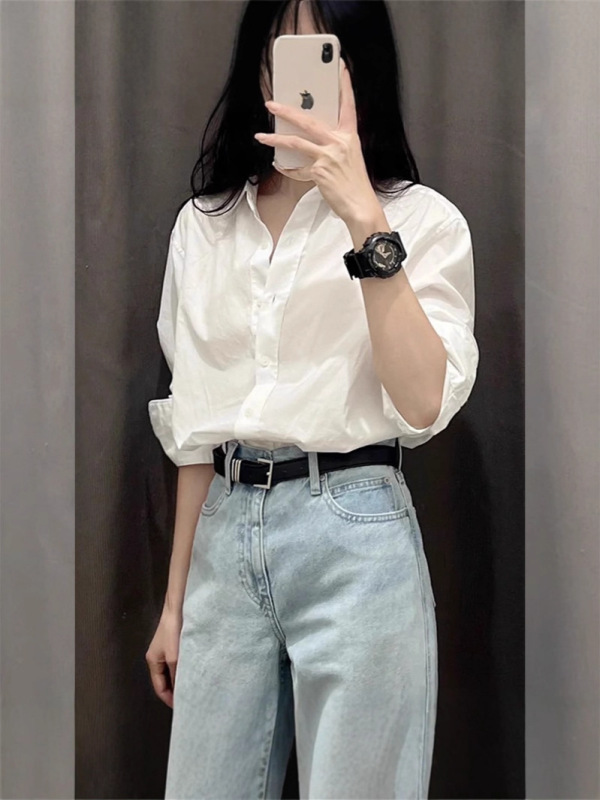 法式感白色衬衫女2025秋季新款棉衬衣设计感韩系穿搭上衣|undefined