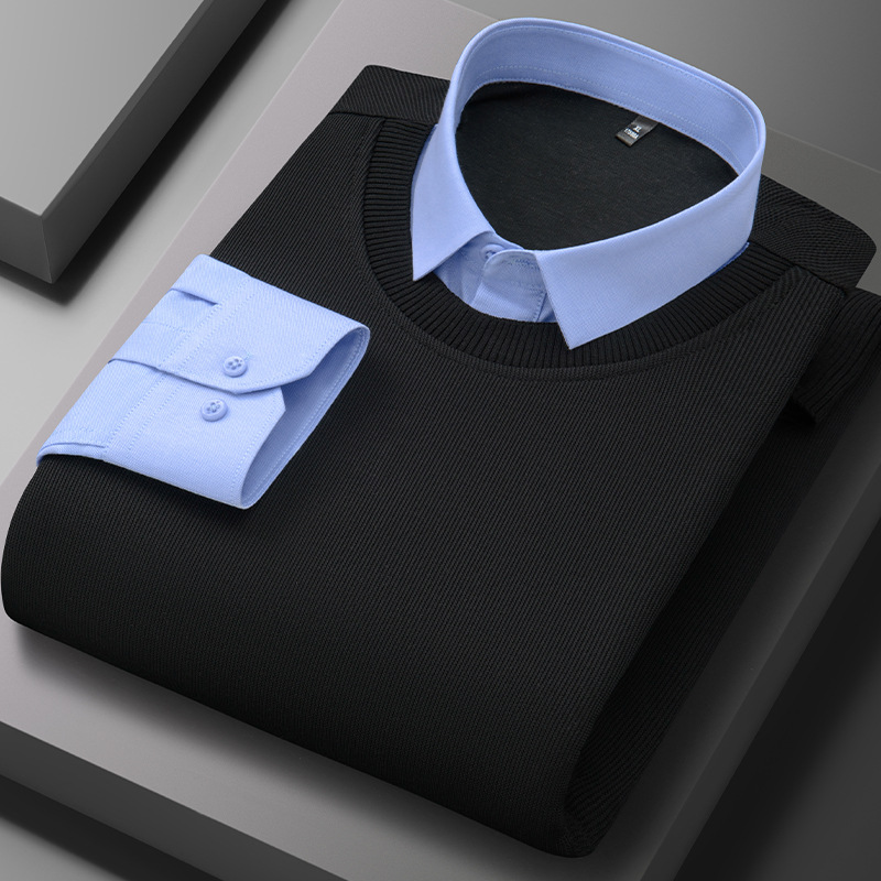 [7A Antibacterial] New Autumn Style Fake Two-Piece Shirt for Young Men, Fashionable Thin Knitwear Without Fleece
