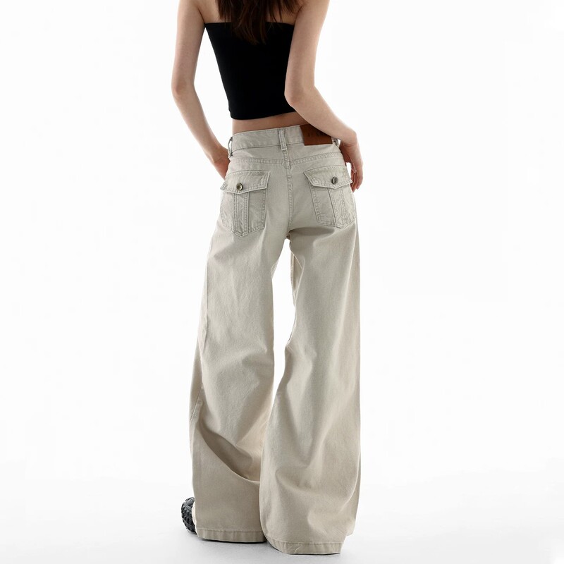 American Retro Light Apricot Wide-Leg Jeans for Women 2026 Spring/Summer New Style Loose Slimming Low-Waist Straight Floor-Length Pants