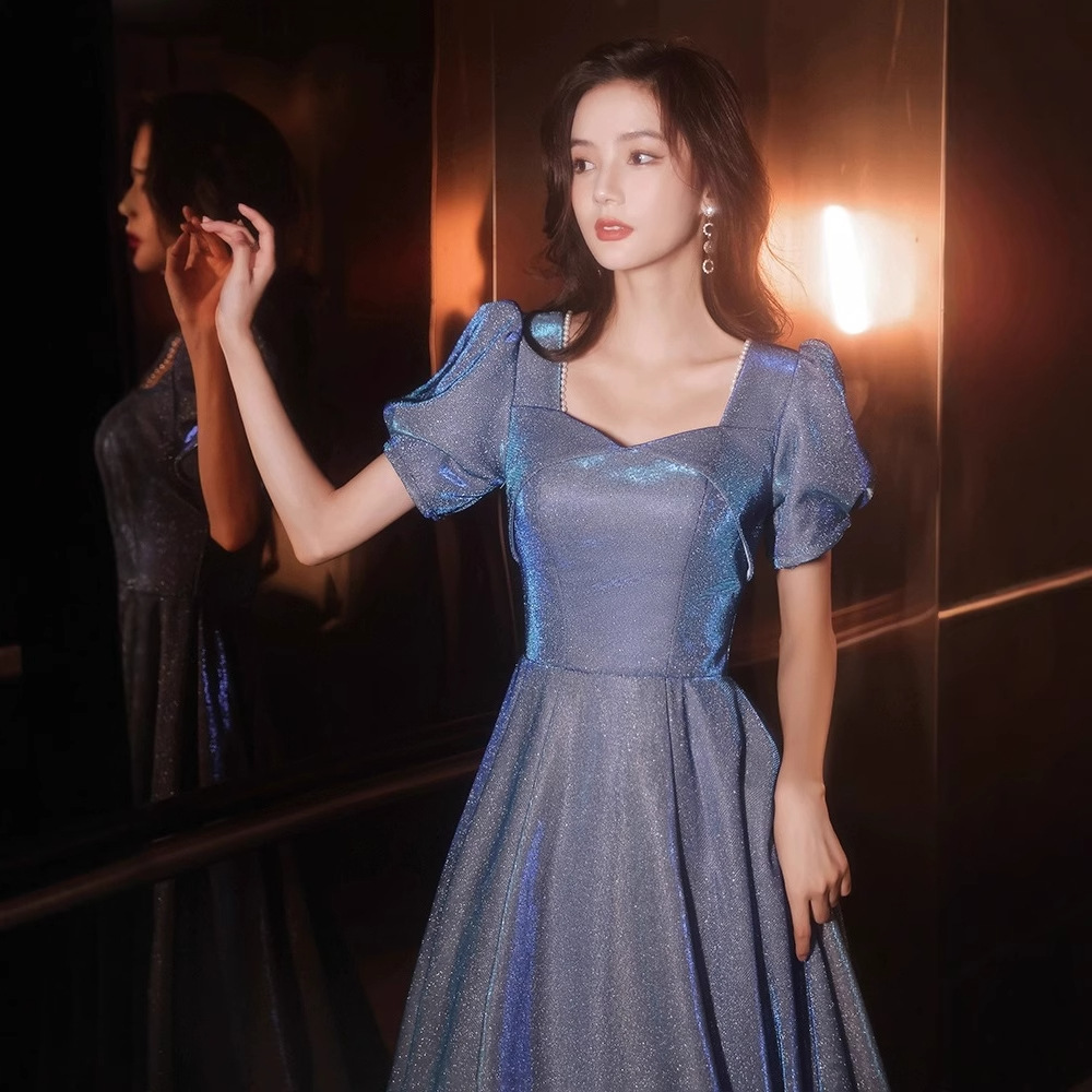 Azul vestido de noche de las mujeres banquete temperamento Socialite luz nicho de lujo de gama alta de alta gama sentido EXAMEN DE ARTE cielo estrellado anfitrión REUNIÓN ANUAL