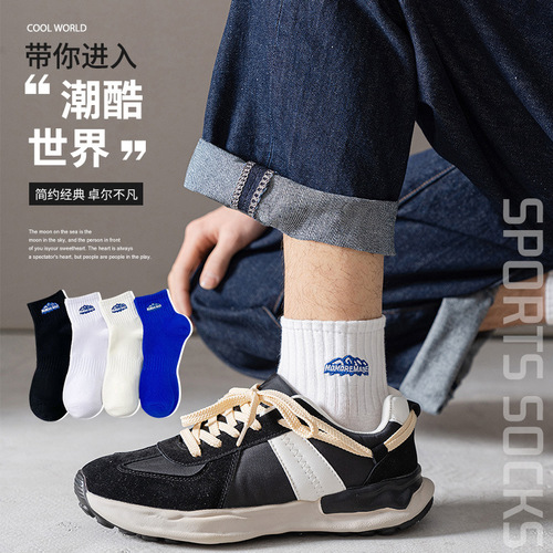 ins trend men's mid-calf socks cotton sports sweat-absorbent embroidered couple stockings spring and summer casual elastic short socks