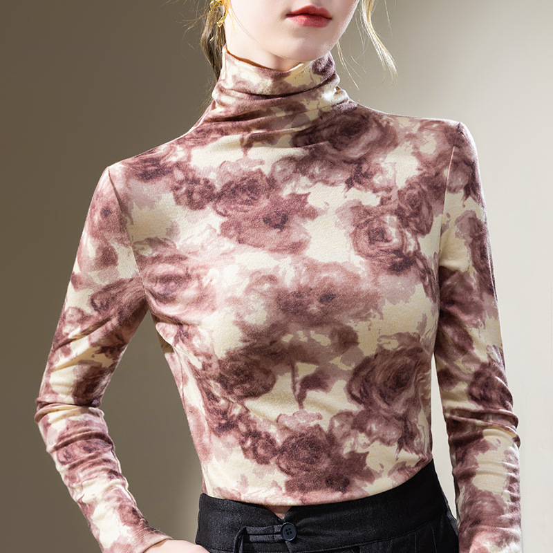 Camisa de fondo de cuello alto para mujer 2023 nueva camiseta de manga larga estampada Vintage para mujer europea temperamento Cintura interior superior ajustada