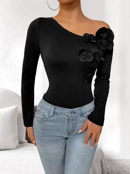 European and American Cross-Border Foreign Trade Pure Desire Hot Girl Three-Dimensional Large Flower Slanted Collar One-Shoulder Suspender Long-Sleeved Tight Jumpsuit for Women