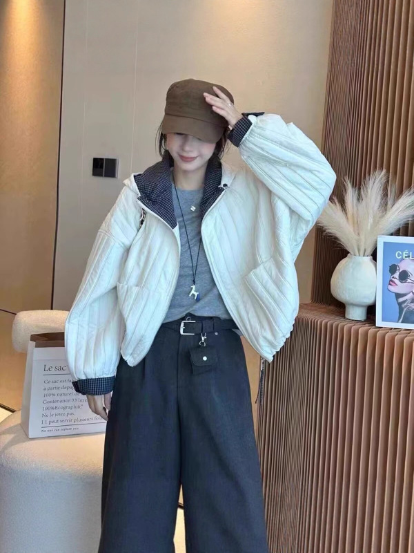 欧货撞色薄款连帽棉衣短外套女2025秋季新款宽松休闲棉服夹克上衣|undefined