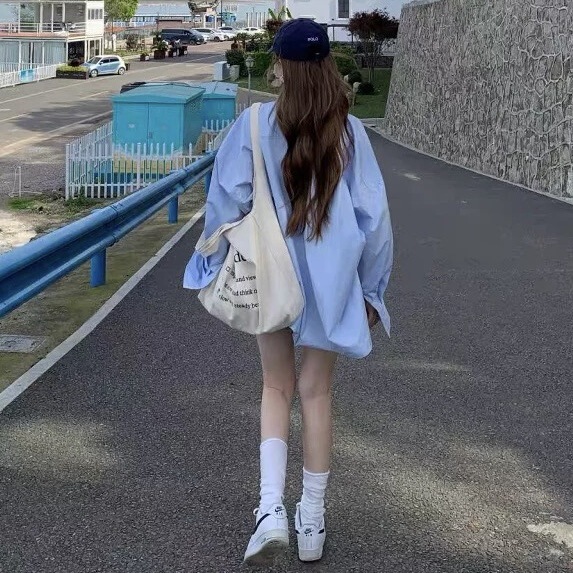 蓝色长袖防晒衬衫女装春秋新款设计感衬衣法式慵懒风宽松上衣外套|undefined