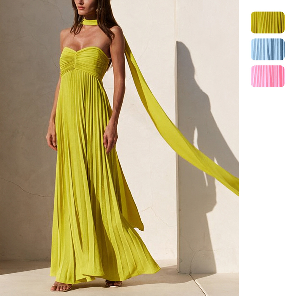 Amazon independent site cross-border European and American women's clothing solid color strapless pleated dress sleeveless fashion new arrival women's 8060